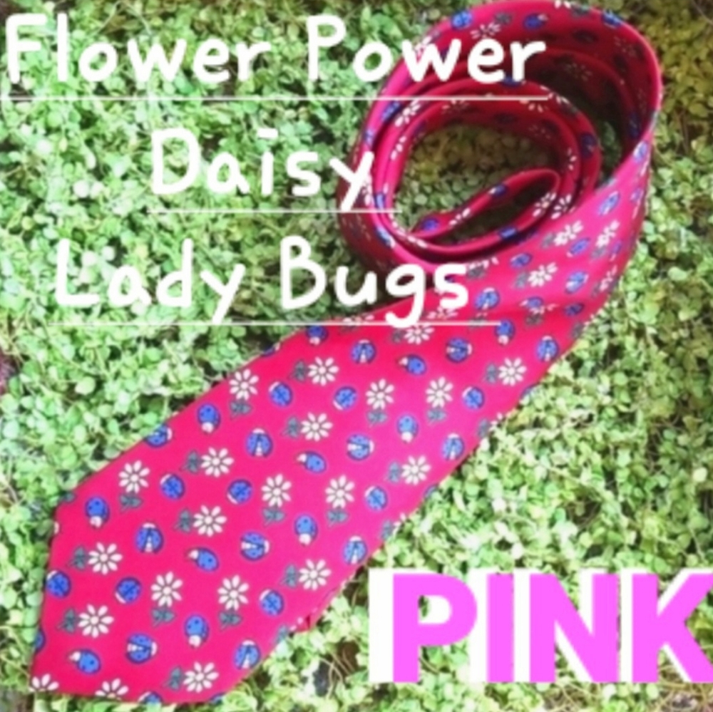 PINK Jermyn St London Daisy Daisies Red Silk Lady Bugs Neck Garden Whimsical TIE - Picture 3 of 12